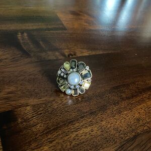 Lia Sophia Gold-Tone Floral Cluster Ring with Pearl and Black Accents